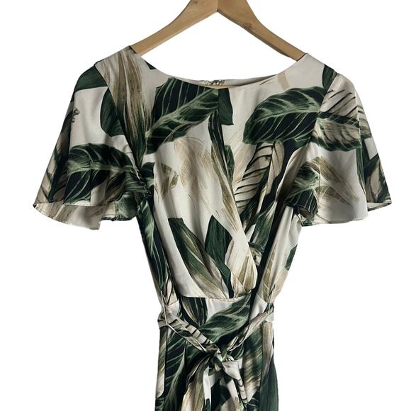 Great Jones Cream Green Tropical Leaf Print Tie Waist Midi Dress Size 8 - Picture 5 of 16